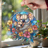 Mother Koala and Baby Acrylic Suncatcher, Stained Glass Style Animal Window Hanging, Cute Wildlife Floral Home Decor Gift
